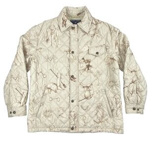 Vtg Ralph Lauren Polo Sport Womens Jacket Size L Quilted Equestrian Print Beige
